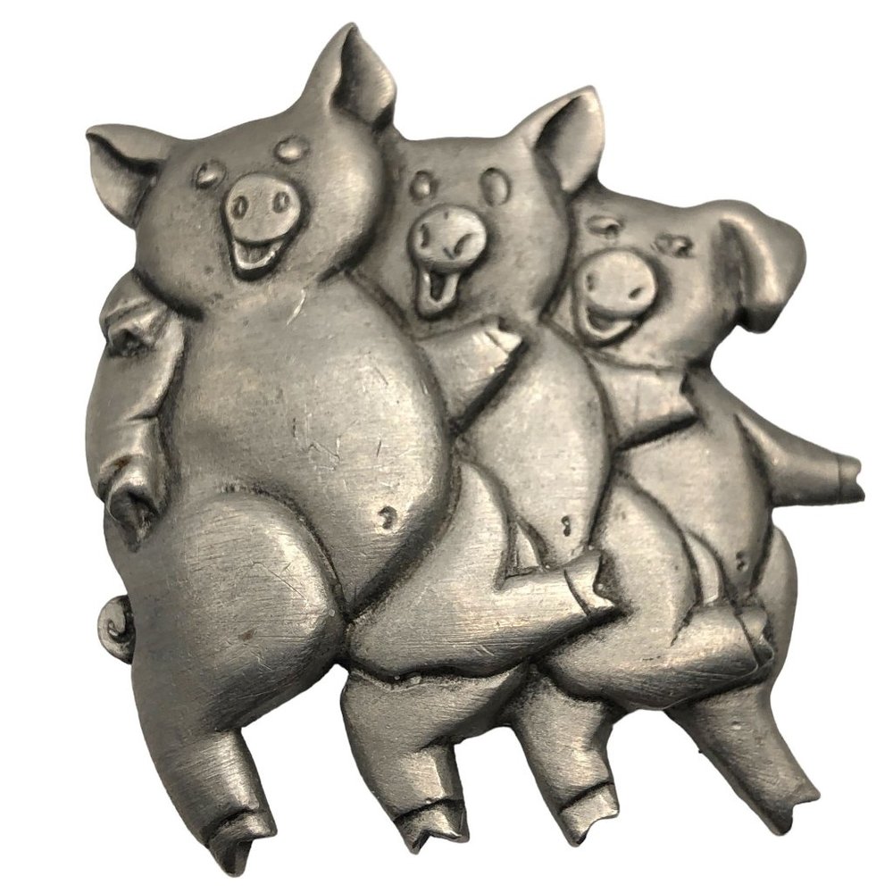 Vintage Mali Three Pigs Dancing Smiling Silver Tone Metal Signed Whimsical